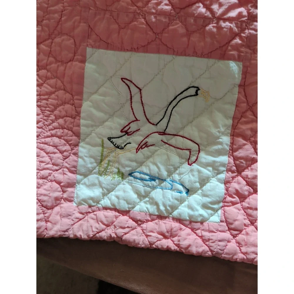 Vintage Handmade Pink & White Embroidered Patchwork Quilt w/Birds & Flowers.